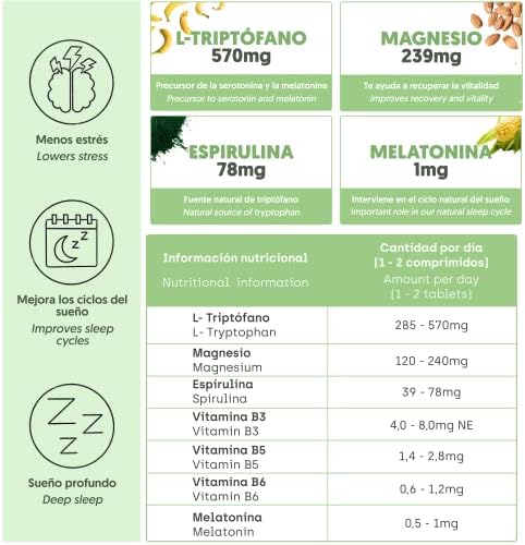 Triptófano Natural con Melatonina y Espirulina + Magnesio y Vitaminas B6 B5 B3 | Fórmula para Mejorar el Sueño, la tranquilidad y Aumentar la Energía, el Bienestar y la Concentración 1 1707549647 84 Triptofano Natural con Melatonina y Espirulina Magnesio y Vitaminas