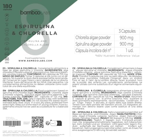 Bamboo Labs - Espirulina y Chlorella 180 Capsulas, 1800 mg por Dosis Diaria, Comprimidos Veganos de Alga Spirulina + Clorella, Refuerzo del Sistema Inmunitario y Recuperación Muscular 6 1708148119 119 Bamboo Labs Espirulina y Chlorella 180 Capsulas 1800 mg
