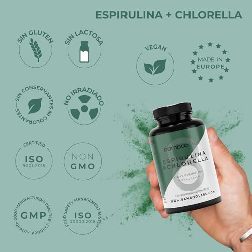 Bamboo Labs - Espirulina y Chlorella 180 Capsulas, 1800 mg por Dosis Diaria, Comprimidos Veganos de Alga Spirulina + Clorella, Refuerzo del Sistema Inmunitario y Recuperación Muscular 4 1708148119 122 Bamboo Labs Espirulina y Chlorella 180 Capsulas 1800 mg