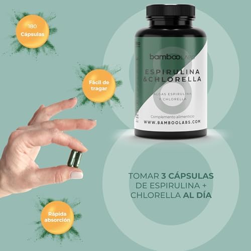 Bamboo Labs - Espirulina y Chlorella 180 Capsulas, 1800 mg por Dosis Diaria, Comprimidos Veganos de Alga Spirulina + Clorella, Refuerzo del Sistema Inmunitario y Recuperación Muscular 5 1708148119 736 Bamboo Labs Espirulina y Chlorella 180 Capsulas 1800 mg