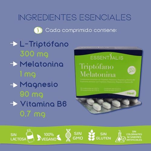 Essentialis Triptófano Melatonina-Con magnesio y vitamina B6–control del nerviosismo para mantener un buen estado de ánimo todo el día y dormir bien-Para 60 días–Comprimidos veganos–1 al día 2 1708175527 251 Essentialis Triptofano Melatonina Con magnesio y vitamina B6–control del nerviosismo para