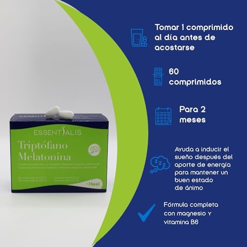 Essentialis Triptófano Melatonina-Con magnesio y vitamina B6–control del nerviosismo para mantener un buen estado de ánimo todo el día y dormir bien-Para 60 días–Comprimidos veganos–1 al día 4 1708175527 718 Essentialis Triptofano Melatonina Con magnesio y vitamina B6–control del nerviosismo para