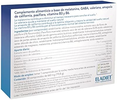 Pastillas para Dormir - Complemento Alimenticio con Melatonina, Pasiflora y Valeriana - 30 Comprimidos - Eladiet 1 1708234884 173 Pastillas para Dormir Complemento Alimenticio con Melatonina Pasiflora y