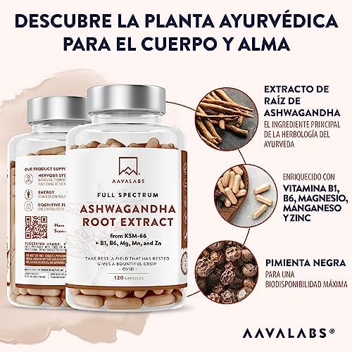 Ashwagandha KSM-66 1000mg (Extracto 10:1 Equivalente a 10,000mg por Porción) - 5% de Withanólidos - con Magnesio, Manganeso, Zinc y Vitamina B6, B1-120 Aswaghanda Capsulas 1 1708425906 110 Ashwagandha KSM 66 1000mg Extracto 101 Equivalente a 10000mg por Porcion