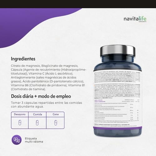Magnesio puro. Citrato de magnesio 1545 mg + Bisglicinato de magnesio 600 mg + Vitamina C, B6, B1, B5. Reduce Cansancio y Fatiga. Alivia el dolor articular y muscular. 120 cápsulas vegetales. 3 1708438327 442 Magnesio puro Citrato de magnesio 1545 mg Bisglicinato de