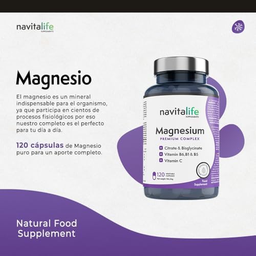 Magnesio puro. Citrato de magnesio 1545 mg + Bisglicinato de magnesio 600 mg + Vitamina C, B6, B1, B5. Reduce Cansancio y Fatiga. Alivia el dolor articular y muscular. 120 cápsulas vegetales. 5 1708438327 946 Magnesio puro Citrato de magnesio 1545 mg Bisglicinato de