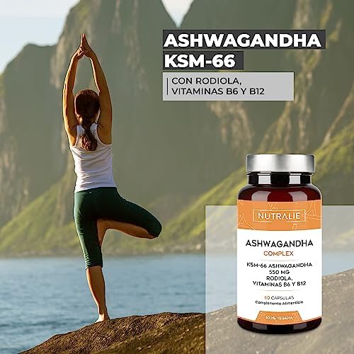 Ashwagandha KSM-66 Pura + Rhodiola Rosea | Estrés | Potente Ginseng Natural Indio con 5% de Whitanólidos y Vitaminas B6 y B12 | 60 Cápsulas Veganas Nutralie 1 1708747247 480 Ashwagandha KSM 66 Pura Rhodiola Rosea Estres Potente