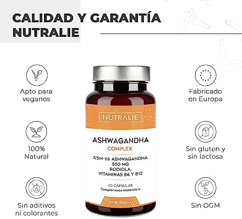 Ashwagandha KSM-66 Pura + Rhodiola Rosea | Estrés | Potente Ginseng Natural Indio con 5% de Whitanólidos y Vitaminas B6 y B12 | 60 Cápsulas Veganas Nutralie 3 1708747248 447 Ashwagandha KSM 66 Pura Rhodiola Rosea Estres Potente