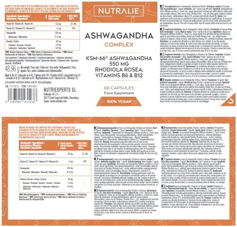 Ashwagandha KSM-66 Pura + Rhodiola Rosea | Estrés | Potente Ginseng Natural Indio con 5% de Whitanólidos y Vitaminas B6 y B12 | 60 Cápsulas Veganas Nutralie 4 1708747248 708 Ashwagandha KSM 66 Pura Rhodiola Rosea Estres Potente