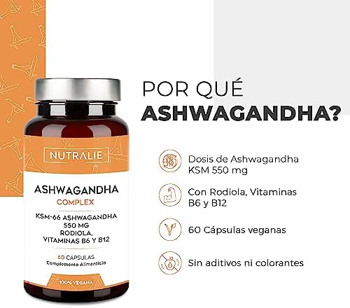 Ashwagandha KSM-66 Pura + Rhodiola Rosea | Estrés | Potente Ginseng Natural Indio con 5% de Whitanólidos y Vitaminas B6 y B12 | 60 Cápsulas Veganas Nutralie 2 1708747248 749 Ashwagandha KSM 66 Pura Rhodiola Rosea Estres Potente
