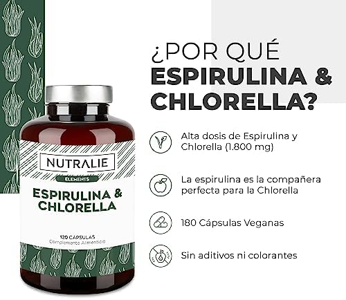Espirulina & Chlorella 1800mg - Potente Efecto Saciante y Detox - Máxima Energía y Fuerza, Reduce Cansancio y Fatiga - Spirulina Pura 100% Vegana | 180 Cápsulas Nutralie 2 1708838635 492 Espirulina Chlorella 1800mg Potente Efecto Saciante y
