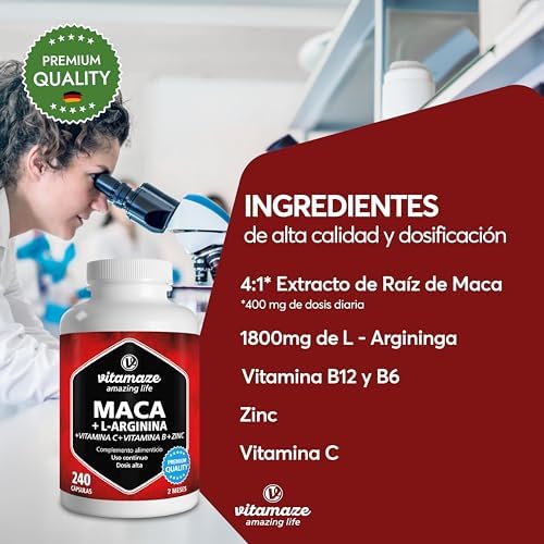 Triple Maca Negra, Amarilla y Roja - 4000mg de Maca Andina con L-Arginina + Vitamina C, B y Zinc - Fórmula para Vitalidad y Potencia Física - 240 Cápsulas de Calidad Alemnana- Vitamaze 2 1708906743 169 Triple Maca Negra Amarilla y Roja 4000mg de Maca