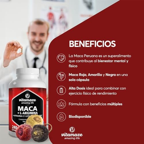 Triple Maca Negra, Amarilla y Roja - 4000mg de Maca Andina con L-Arginina + Vitamina C, B y Zinc - Fórmula para Vitalidad y Potencia Física - 240 Cápsulas de Calidad Alemnana- Vitamaze 1 1708906743 382 Triple Maca Negra Amarilla y Roja 4000mg de Maca