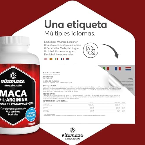 Triple Maca Negra, Amarilla y Roja - 4000mg de Maca Andina con L-Arginina + Vitamina C, B y Zinc - Fórmula para Vitalidad y Potencia Física - 240 Cápsulas de Calidad Alemnana- Vitamaze 6 1708906744 331 Triple Maca Negra Amarilla y Roja 4000mg de Maca