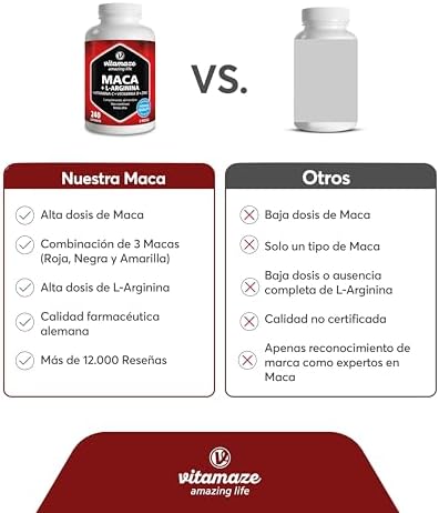 Triple Maca Negra, Amarilla y Roja - 4000mg de Maca Andina con L-Arginina + Vitamina C, B y Zinc - Fórmula para Vitalidad y Potencia Física - 240 Cápsulas de Calidad Alemnana- Vitamaze 5 1708906744 630 Triple Maca Negra Amarilla y Roja 4000mg de Maca