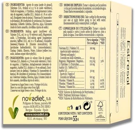 Novadiet - ESTRESAL Cápsulas con Valeriana, Azafrán, L-Triptofano, Magnesio, Vitaminas, Ayuda a Modular la Ansiedad y el Estrés, Situación de Tristeza, Apatía, Épocas de Agobio y Nervios – 60 Cápsulas 8 1709195655 471 Novadiet ESTRESAL Capsulas con Valeriana Azafran L Triptofano Magnesio Vitaminas