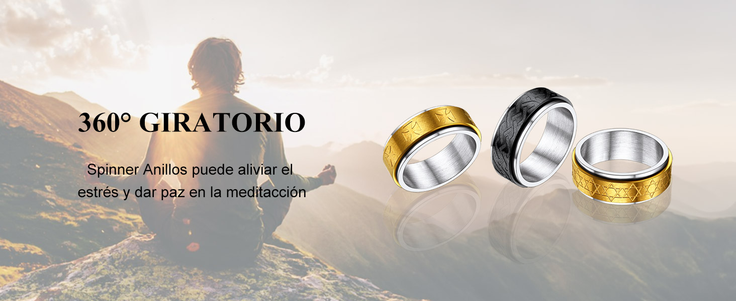 Richsteel Antiestrés Anillos Banda Giratoria, Spinner Anillo para Ansiedad con Brillantes/Cruces/Estrellas David/Nudos Celta, Acero Inoxidable/Dorado/Negro, Tallas Variadas 10 anillos de hombre