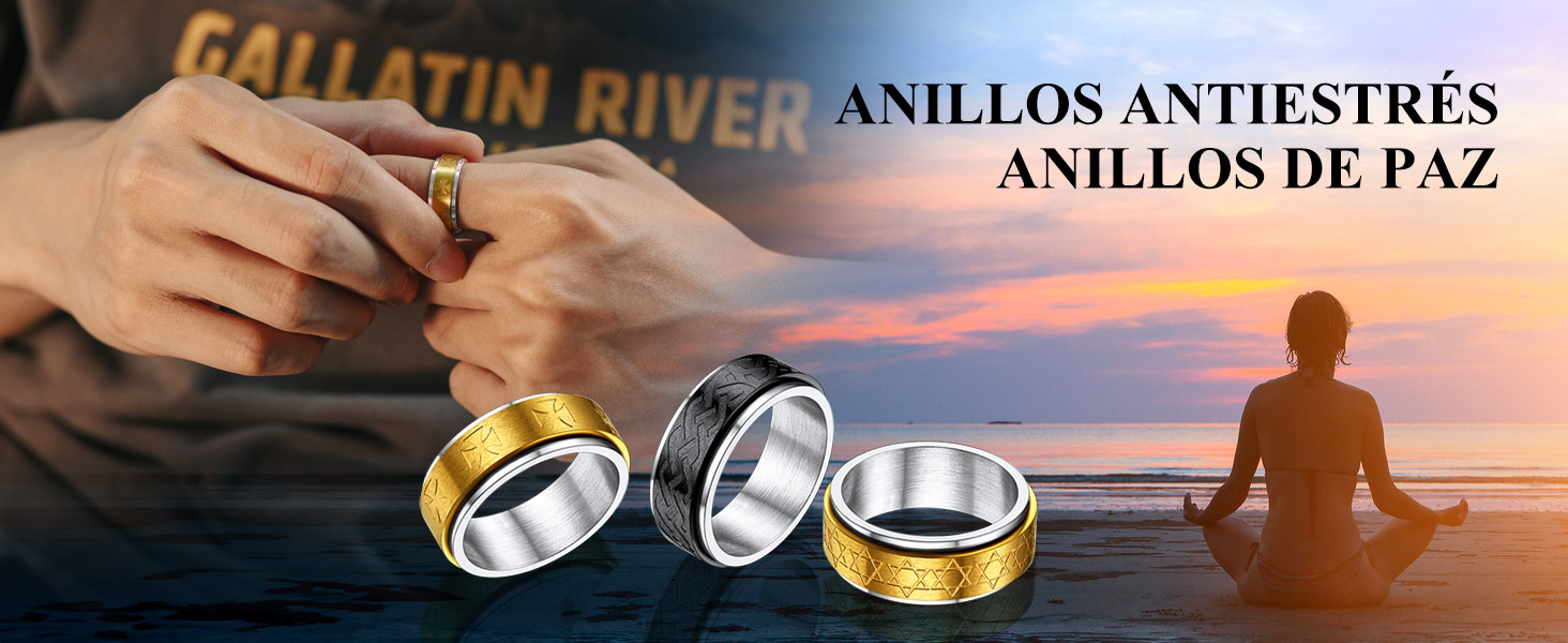 Richsteel Antiestrés Anillos Banda Giratoria, Spinner Anillo para Ansiedad con Brillantes/Cruces/Estrellas David/Nudos Celta, Acero Inoxidable/Dorado/Negro, Tallas Variadas 8 anillos de paz
