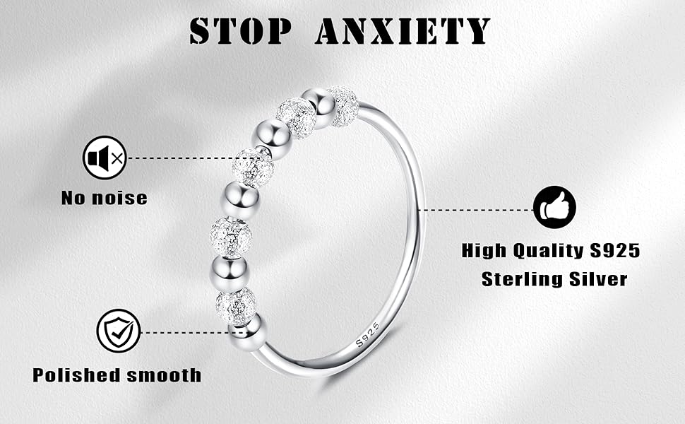 ORAZIO Anillo de Plata de ley 925 con Cuentas Esmeriladas Anillos de Ansiedad Para Ansiedad Anillo de Apilamiento Para Ansiedad Banda de Estrés Anillos de Ansiedad Para Mujeres y Hombres 14 Anillo de Plata de Ley 925
