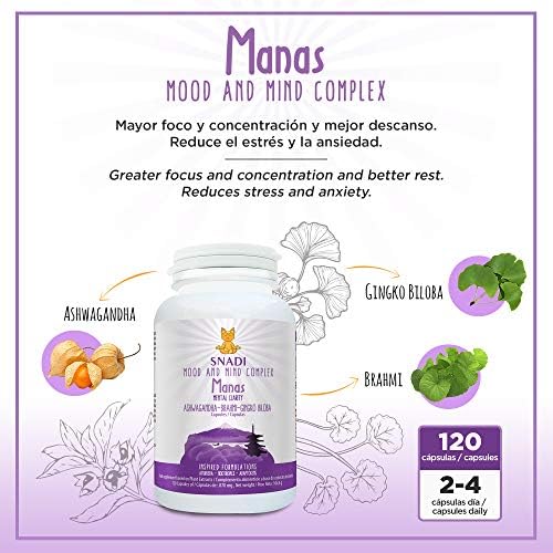 Adaptógenos: Aswhaganda, Brahmi y Ginkgo biloba l 120 capsulas - 600 mg I Sistema nervioso, estrés e Insomnio, calma la mente, focaliza. l Mood and mind complex. Vegano. MANAS - Snadi 1 1710723180 359 Adaptogenos Aswhaganda Brahmi y Ginkgo biloba l 120 capsulas