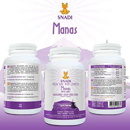 Adaptógenos: Aswhaganda, Brahmi y Ginkgo biloba l 120 capsulas - 600 mg I Sistema nervioso, estrés e Insomnio, calma la mente, focaliza. l Mood and mind complex. Vegano. MANAS - Snadi 3 1710723180 510 Adaptogenos Aswhaganda Brahmi y Ginkgo biloba l 120 capsulas