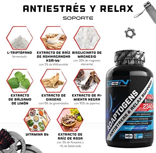 Adaptogene Complex - Apoyo antiestrés y de relajación con Ashwagandha de primera calidad (KSM-66®), L-triptófano, magnesio, toronjil, ginseng, extracto de raíz de rosa, vitamina B6-120 cápsulas 1 1711264888 211 Adaptogene Complex Apoyo antiestres y de relajacion con Ashwagandha