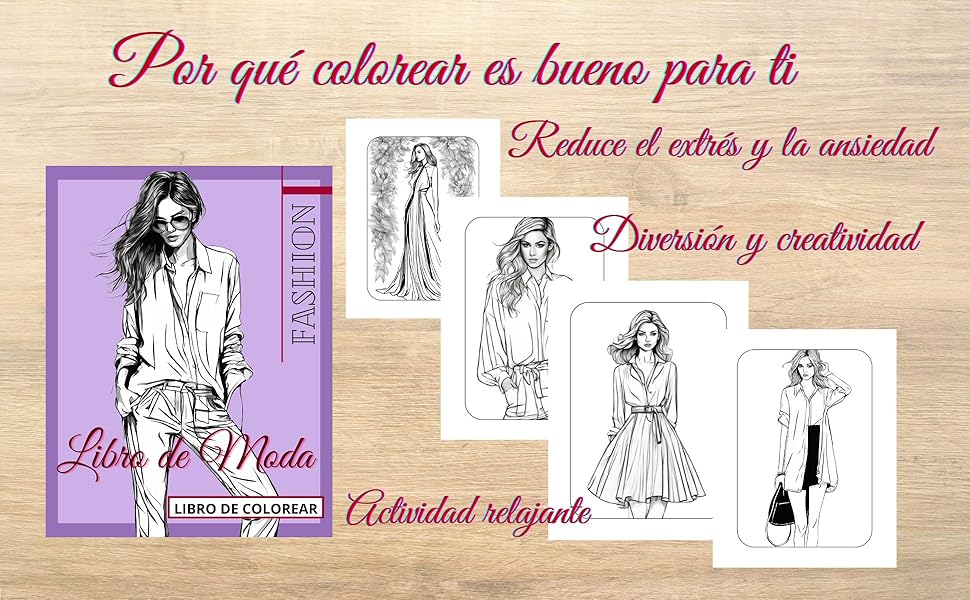 interior libro de colorear moda, complementos, faldas, pantalones, blusas chaquetas, animate