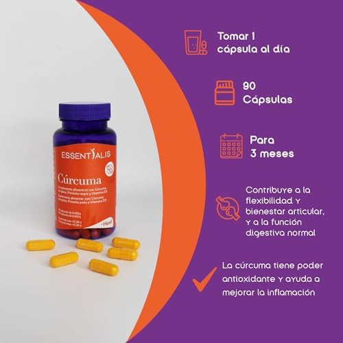 Essentialis Cúrcuma – Cúrcuma Curcumina, Pimienta Negra (Piperina), Jengibre y Vitamina D3 – Ayuda Flexibilidad y Bienestar Articular – Ayuda a la Función Digestiva – 90 cápsulas - 3 meses 4 1711636487 901 Essentialis Curcuma – Curcuma Curcumina Pimienta Negra Piperina Jengibre y