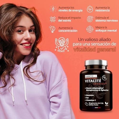 AdaptivLAB SENACTIV VITALIDAD 30 - Natural Antiestres Adultos Complementos Alimenticios con Vitamina C Hierro y Guarana - Vegano y Vegetariano Aroma Fresa Estrés Resist Gummies 1 1712741131 391 AdaptivLAB SENACTIV VITALIDAD 30 Natural Antiestres Adultos Complementos Alimenticios