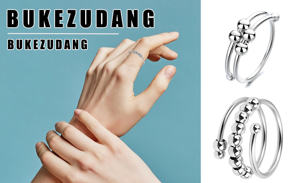 Bukezudang 6 Pièces Anillo de Masaje de Dedos, Anillo de Acupresión Premium, Anillos Antiestrés Ajustables, Alivio de la Ansiedad y Anillos Antiestrés Plateados, Anillos Giratorios de Ansiedad 10 1
