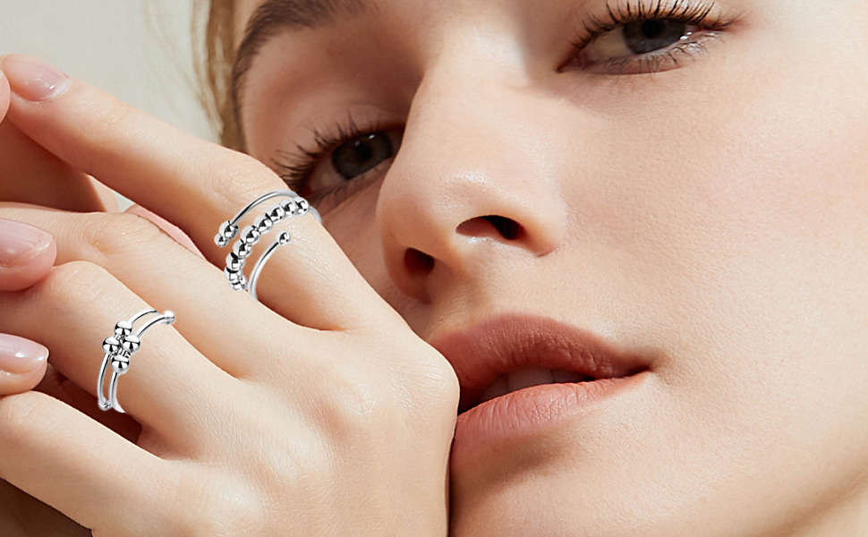 Bukezudang 6 Pièces Anillo de Masaje de Dedos, Anillo de Acupresión Premium, Anillos Antiestrés Ajustables, Alivio de la Ansiedad y Anillos Antiestrés Plateados, Anillos Giratorios de Ansiedad 16 1