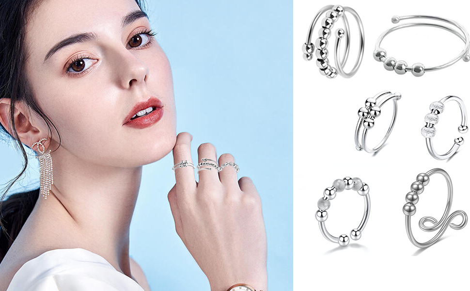 Bukezudang 6 Pièces Anillo de Masaje de Dedos, Anillo de Acupresión Premium, Anillos Antiestrés Ajustables, Alivio de la Ansiedad y Anillos Antiestrés Plateados, Anillos Giratorios de Ansiedad 14 1