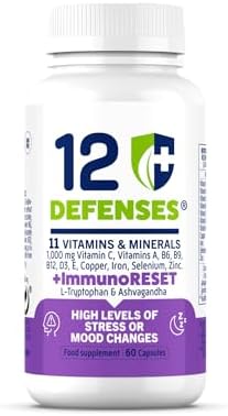 Multivitaminas – Triptófano y Ashwaganda – Mejor Estado de Ánimo, Vitaminas para el estrés – Vitamina C 1000 mg, Vitamina D, Vitamina B12, B6, B9, Vitamina E – 60 Cápsulas Veganas – 12 Defenses