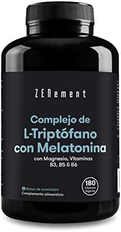 Triptofano con Melatonina y Magnesio + Vitamina B6, B5, B3-180 Cápsulas Veganas (Suministro para 6 meses) – Máxima Dosis para Descansar – Induce al Sueño, Para Dormir Bien – Zenement