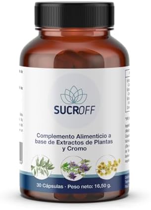SUCROFF – Regulador de Nivel de Azúcar – Colesterol y Triglicéridos en Sangre – Complemento alimentício con Alfalfa – Berberina – Cromo – Magnesio y Oeluropeina – 30 Cápsulas SUCROFF – Regulador de Nivel de Azúcar – Colesterol y Triglicéridos en Sangre – Complemento alimentício con Alfalfa – Berberina – Cromo – Magnesio y Oeluropeina – 30 Cápsulas