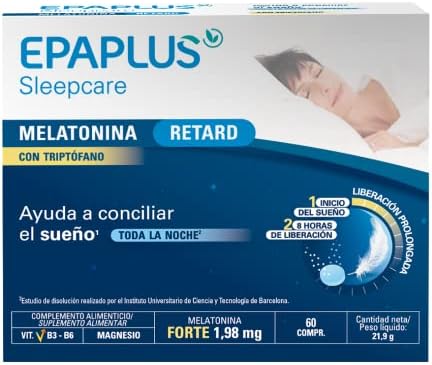 EPAPLUS Sleepcare, Melatonina Retard con Triptófano, Melatonina de Liberación Prolongada 8 Horas, Dormir Rápidamente,60 Comprimidos x 1,98 mg Melatonina Forte EPAPLUS Sleepcare, Melatonina Retard con Triptófano, Melatonina de Liberación Prolongada 8 Horas, Dormir Rápidamente,60 Comprimidos x 1,98 mg Melatonina Forte