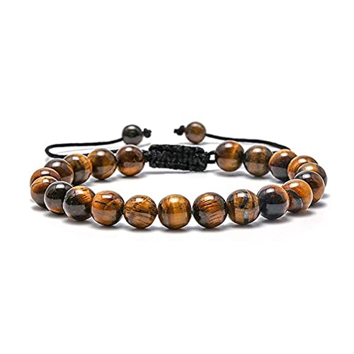 Pulsera ajustable de piedras preciosas naturales de 8 mm para hombre y mujer hecha a mano | Chakra Estrés Ansiedad Poder Grano Curación Cristal Piedra preciosa Amistad Pulsera (Ojo de tigre marrón)