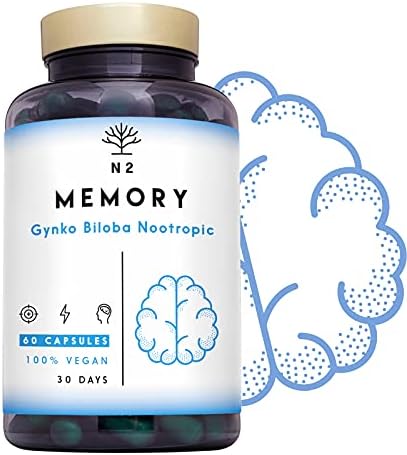 GINKGO BILOBA – Nootropico. Vitamina B12 y B6, Bacopa monnieri, Cafeina. Mejor Memoria, Concentración. Cansancio Mental, Fatiga, Ansiedad. Antioxidante. Vegano 60 cápsulas N2 NaturalNutrition