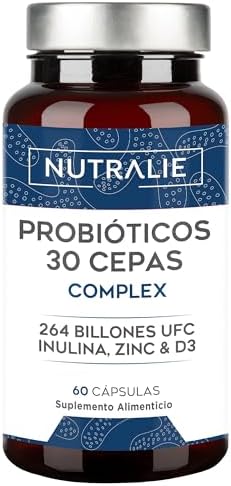 Probióticos y Prebióticos Intestinales [30 CEPAS PREMIUM] 264 Mil Millones de UFC Garantizados x Dosis | Mejora Defensas y Flora Intestinal | Biprotics 30 Cepas Complex | 60 Cápsulas Nutralie
