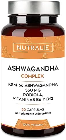 Ashwagandha KSM-66 Pura + Rhodiola Rosea | Estrés | Potente Ginseng Natural Indio con 5% de Whitanólidos y Vitaminas B6 y B12 | 60 Cápsulas Veganas Nutralie Ashwagandha KSM-66 Pura + Rhodiola Rosea | Estrés | Potente Ginseng Natural Indio con 5% de Whitanólidos y Vitaminas B6 y B12 | 60 Cápsulas Veganas Nutralie