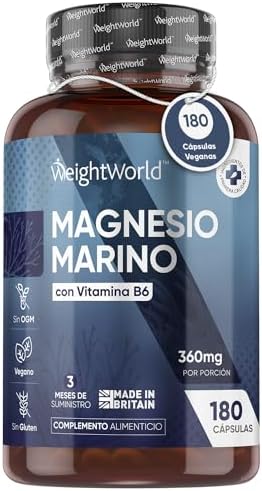Magnesio Marino con Vitamina B6 de Alta Potencia 360mg, 180 Cápsulas – Suplemento Natural, Reduce el Cansancio, Para Correcta Función Nerviosa, Muscular, Psicológica y Metabólica