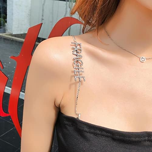 WSZJLN Chaleco Sexy para Mujer, Correa para el Hombro, Diamantes de imitación Brillantes, joyería para el Cuerpo, Letra frágil, todavía ansiedad, Camisola, Playa, Club Nocturno, Fiesta