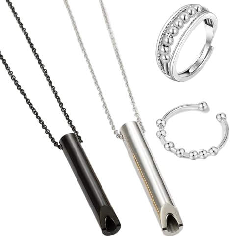 4Piezas Collar de Respiración Set, Collar de Silbato Acero Inoxidable con 2 Colores y 2 Anillos, Collar Consciente, Collar de Ansiedad para Ejercicios de Respiración, Meditación, Mujeres Hombres