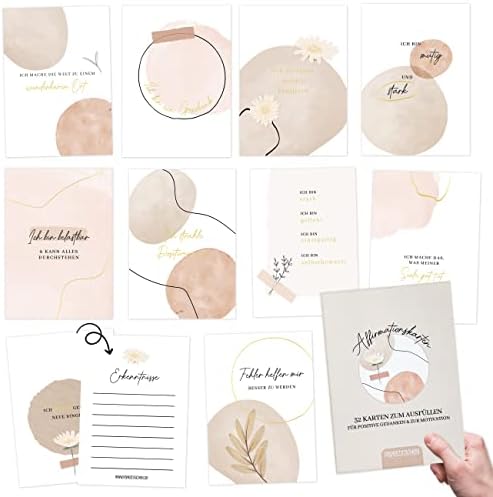 Papierdrachen 32 tarjetas de afirmación con declaraciones positivas Tarjetas de atención plena con caja de regalo | Tarjetas motivacionales Manejo del estrés con tarjetas de amor propio Idea de