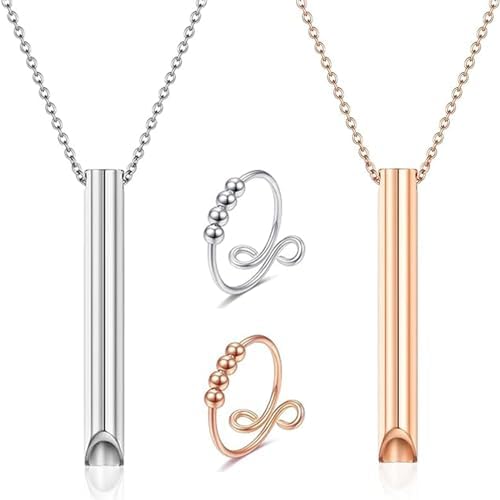 NAMIC 4 Piezas Collares de Respiración & Anillos Ansiedad, Silbato, Colgante, Acero Inoxidable, Ajustable, Collar de Ansiedad para Ejercicios de Respiración, Meditación, Mujeres Hombres