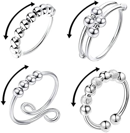 4 Piezas, Anillos de Ansiedad, Anillos de Dedo Abiertos con Cuentas, Anillos Giratorios para Aliviar el Estrés, Anillos Fidget de Cuentas Ajustables para Mujeres y Hombres, Plata