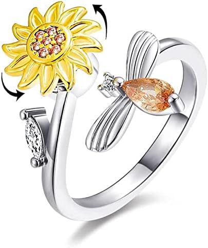 Anillos giratorios de Flores para Mujer,Anillos giratorios de circonita cúbica Ajustables para aliviar la ansiedad,el estrés,relajar la preocupación,Anillo Giratorio para la ansiedad