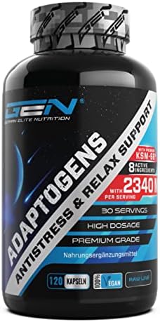 Adaptogene Complex – Apoyo antiestrés y de relajación con Ashwagandha de primera calidad (KSM-66®), L-triptófano, magnesio, toronjil, ginseng, extracto de raíz de rosa, vitamina B6-120 cápsulas
