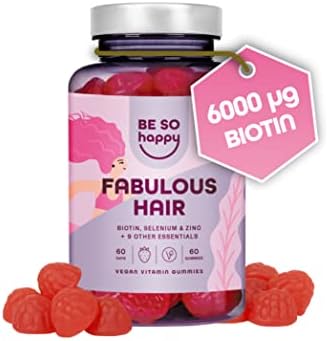 Gominolas para el pelo Biotina 6000 mcg, 60 dias, Vitaminas para el Cabello, Complejo con +10 componentes: Ac Folico + Vitamina A, B6, B12, C, D, E, Zinco y Selenio, Sabor a Fresa, Veganas, BeSoHappy®
