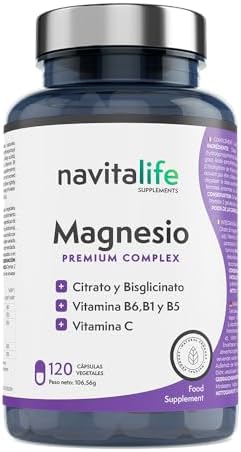 Magnesio puro. Citrato de magnesio 1545 mg + Bisglicinato de magnesio 600 mg + Vitamina C, B6, B1, B5. Reduce Cansancio y Fatiga. Alivia el dolor articular y muscular. 120 cápsulas vegetales.